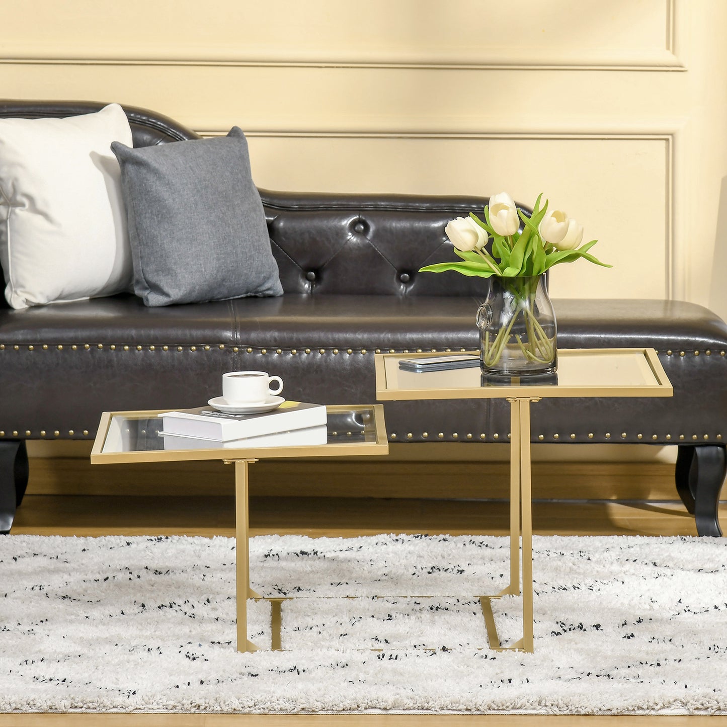 Coffee Table, Tempered Glass Coffee Table with 2 Square Tabletops, Modern Coffee Tables for Living Room, Bedroom, Gold