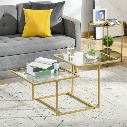 Coffee Table, Tempered Glass Coffee Table with 2 Square Tabletops, Modern Coffee Tables for Living Room, Bedroom, Gold