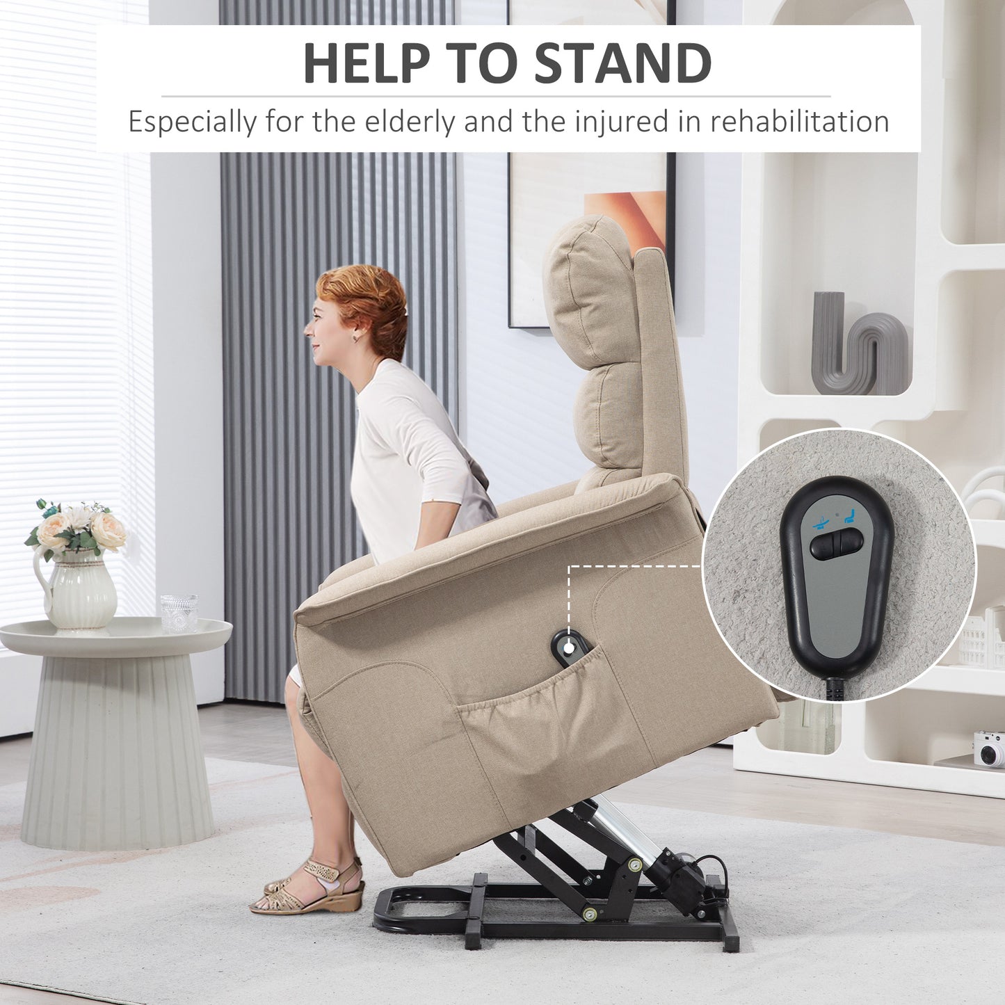 Power Lift Chair for Seniors, Electric Lift Recliner Chair with Remote Control, Side Pockets for Living Room, Beige